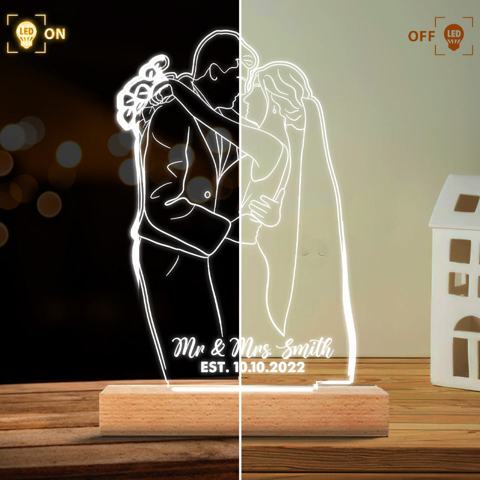 Custom Line Drawing - Personalized Husband And Wife Shaped Plaque Light Base