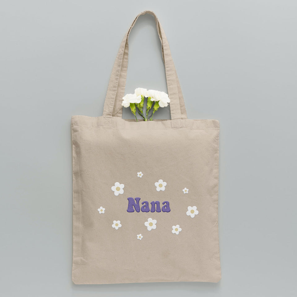 Custom Name With Flower - Personalized Grandma Embroidered Tote Bag