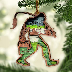 Bigfoot With Fishing Pole - Personalized Fishing Ornament