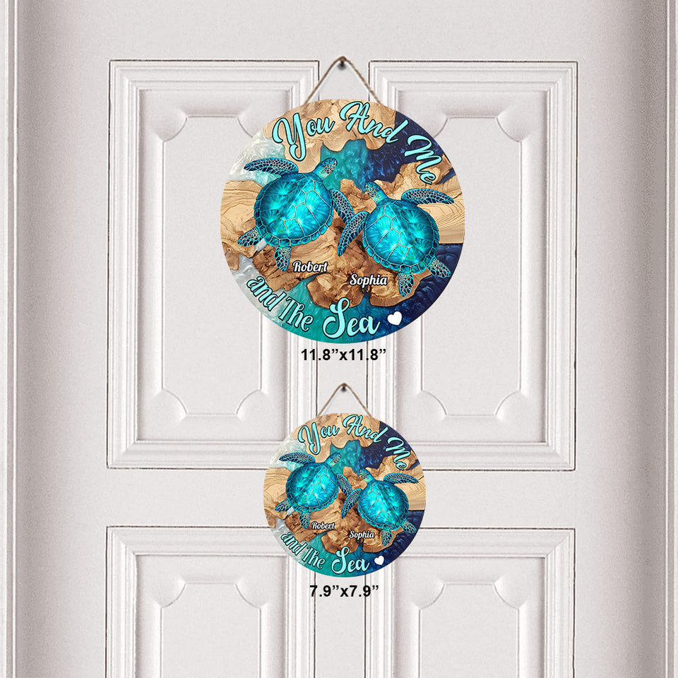 You And Me And The Sea - Personalized Turtle Round Wood Sign