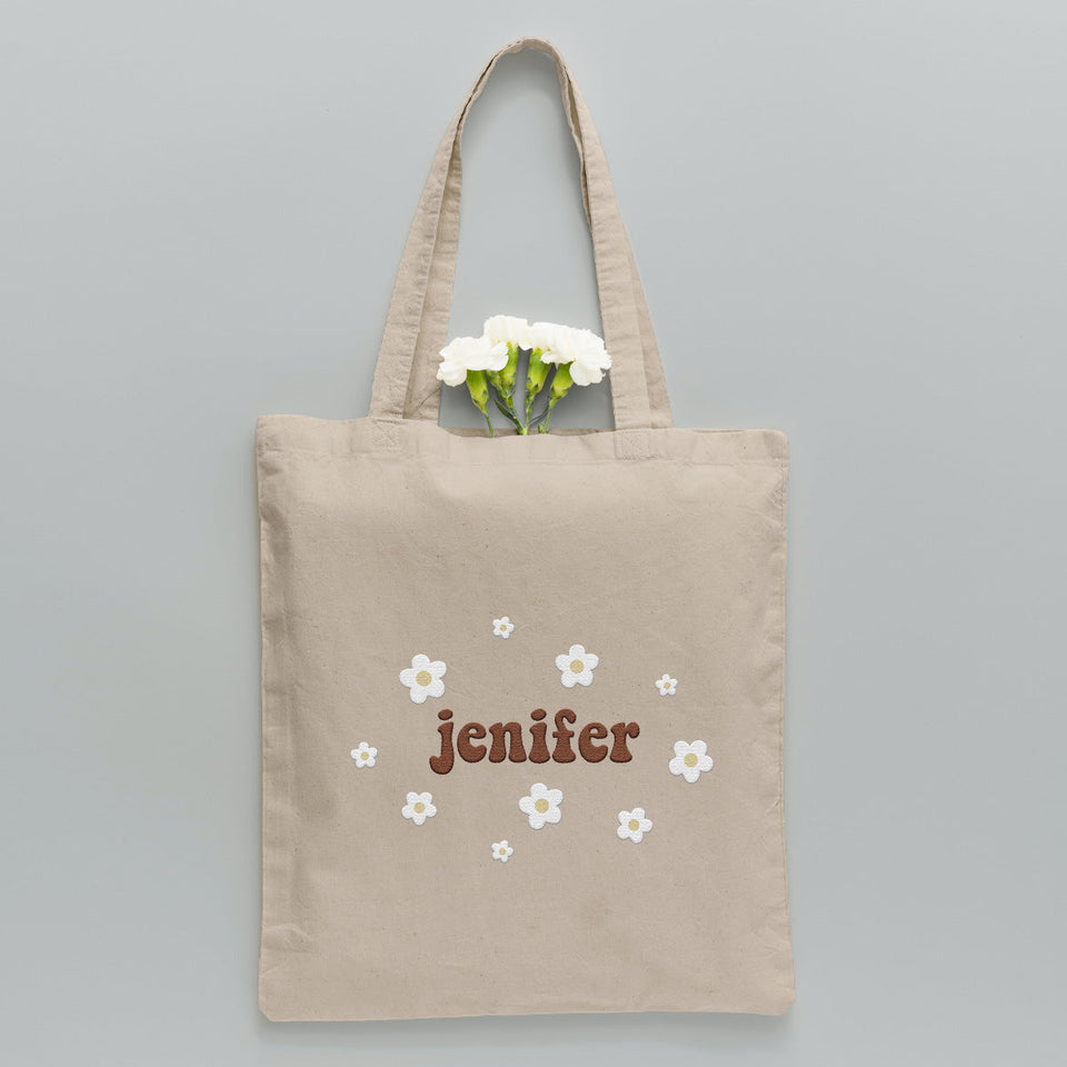 Custom Name With Flower - Personalized Daughter Embroidered Tote Bag