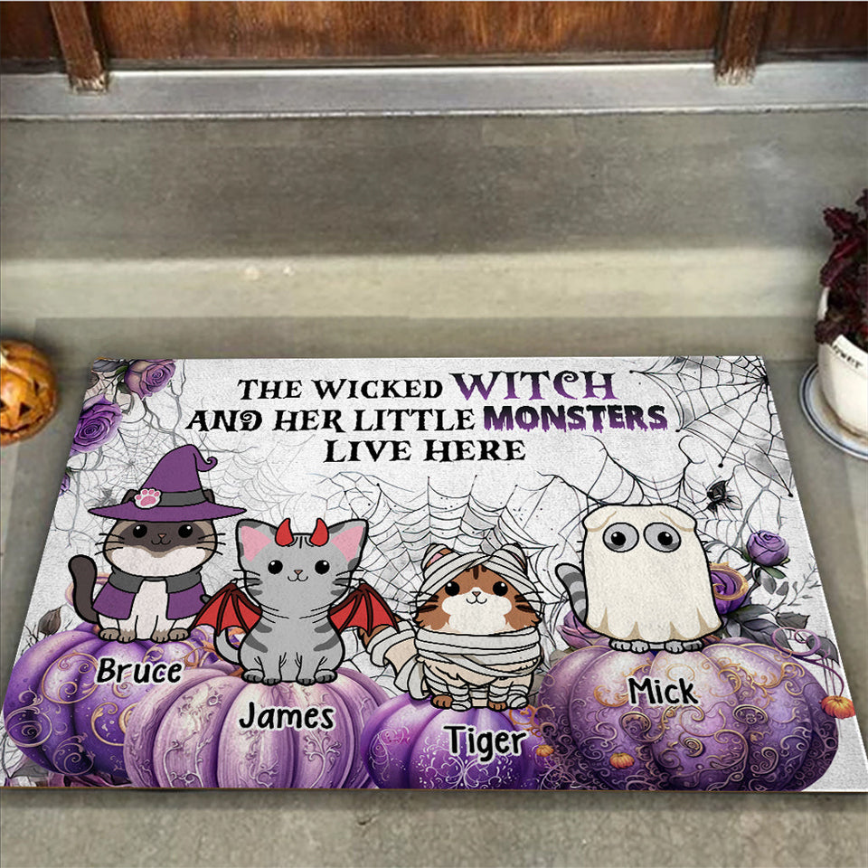 A Wicked Witch And Little Monsters - Personalized Cat Doormat