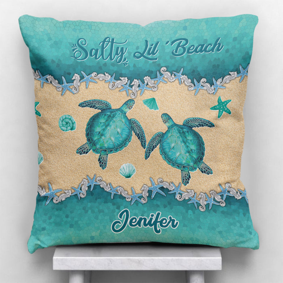 Salty Lil' Beach - Personalized Turtle Throw Pillow