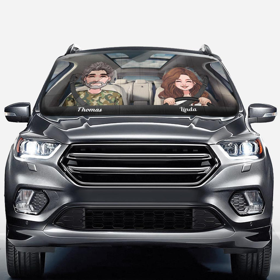 Adventure Awaits - Husband And Wife gift for wife, husband, girlfriend, boyfriend, mom, dad - Personalized Car Sunshade