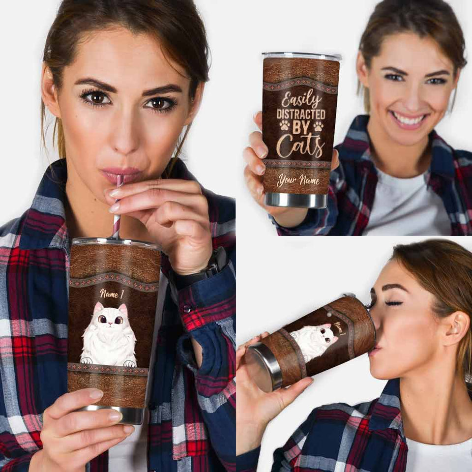 Love Cats - Personalized Cat Tumbler With Leather Pattern Print