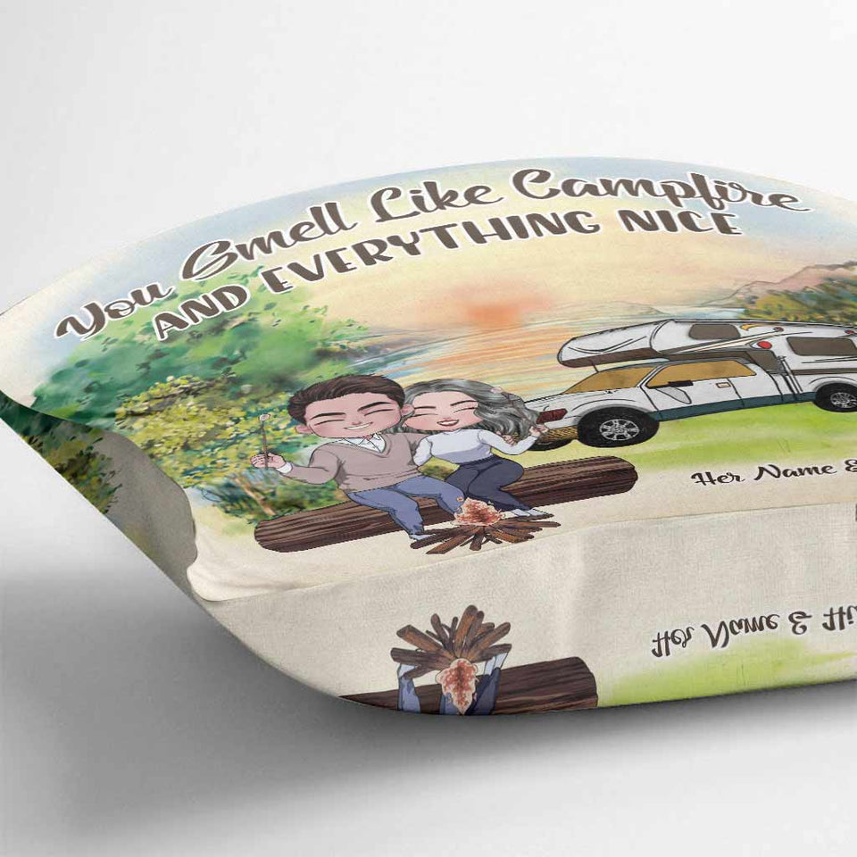 You Smell Like Campfire - Personalized Couple Camping Throw Pillow