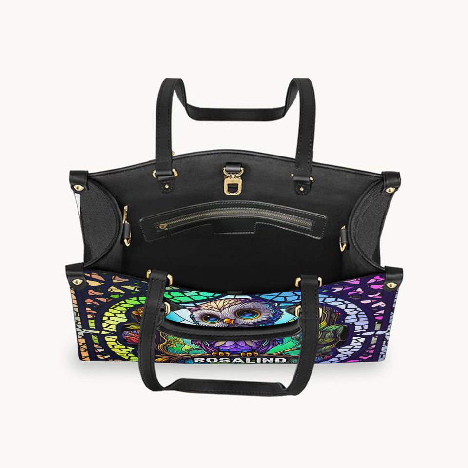 Cute Owl Stained Glass - Personalized Owl Leather Handbag