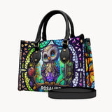 Cute Owl Stained Glass - Personalized Owl Leather Handbag