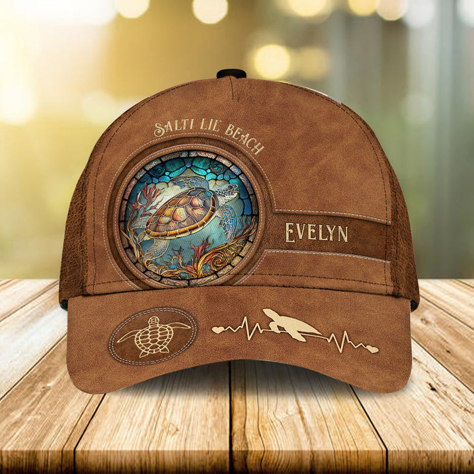 Salty Lil' Beach Sea Turtle Stained Glass - Personalized Turtle Classic Cap