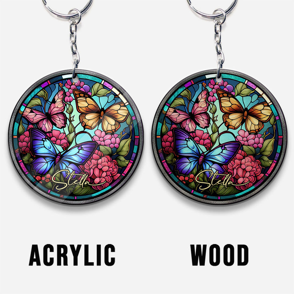 Stained Glass Butterfly - Personalized Butterfly Keychain (Printed On Both Sides)