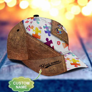 Casquette personnalisée en cuir imprimé à motif pour la sensibilisation à l'autisme, avec trous d'aération imprimés