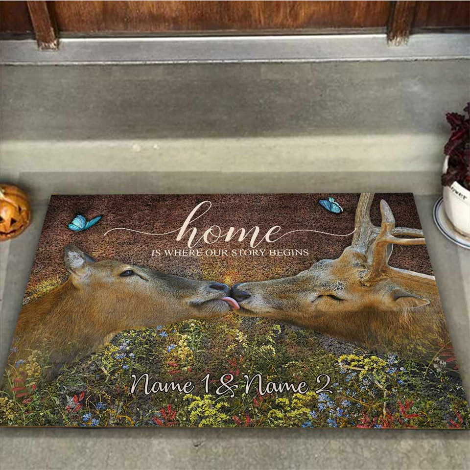 Home Is Where Our Story Begins - Personalized Couple Hunting Doormat