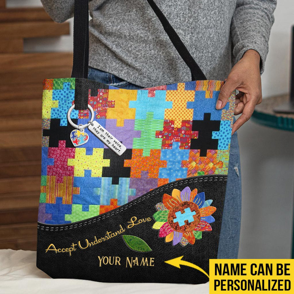 Accepter, comprendre, aimer - Sac fourre-tout imprimé à motif de courtepointe personnalisé pour la sensibilisation à l'autisme