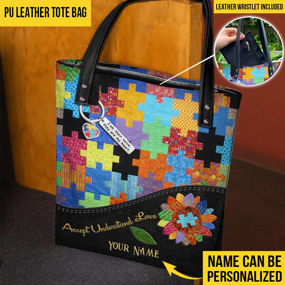 Accepter, comprendre, aimer - Sac fourre-tout imprimé à motif de courtepointe personnalisé pour la sensibilisation à l'autisme