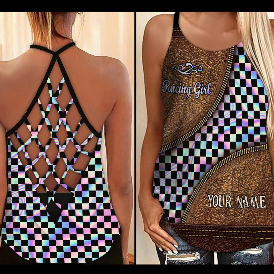 Racing Girl Personalized Leather Pattern Print Cross Tank Top