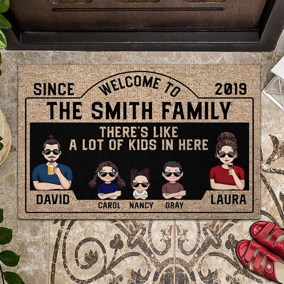 There's Like A Lot Of Kids In Here - Personalized Husband And Wife Doormat