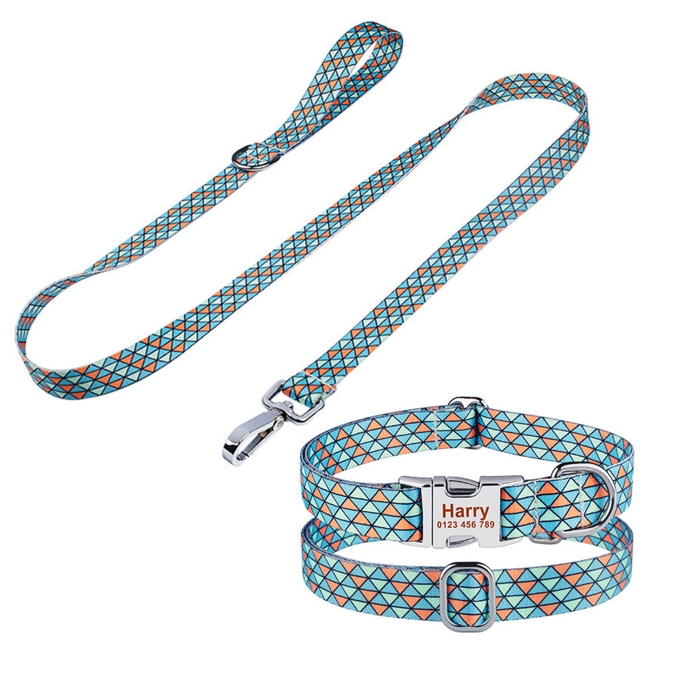 Personalized Text Engraved Dog Collar With Leash Set