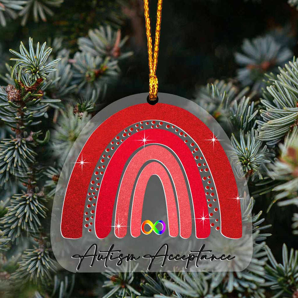 Acceptation de l'autisme - Ornement de Noël transparent arc-en-ciel rouge infini avec motif à paillettes - Imprimé