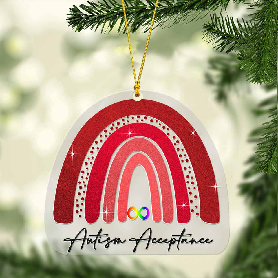 Acceptation de l'autisme - Ornement de Noël transparent arc-en-ciel rouge infini avec motif à paillettes - Imprimé