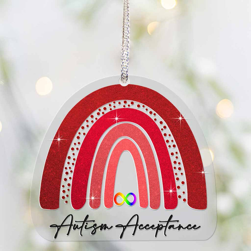 Acceptation de l'autisme - Ornement de Noël transparent arc-en-ciel rouge infini avec motif à paillettes - Imprimé