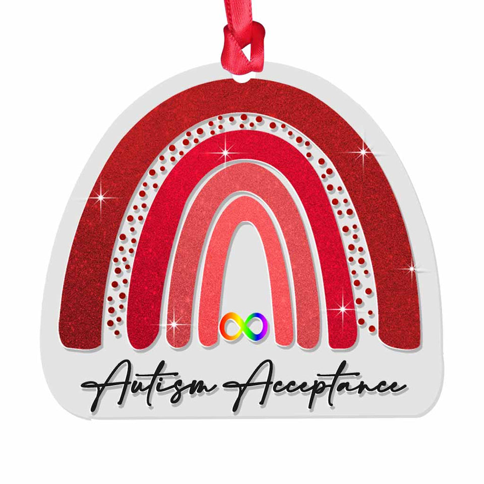 Acceptation de l'autisme - Ornement de Noël transparent arc-en-ciel rouge infini avec motif à paillettes - Imprimé