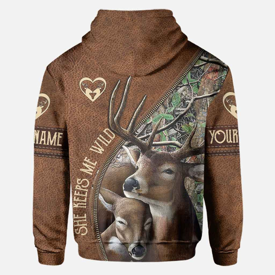 She Keeps Me Wild He Keeps Me Safe - Personalized Couple Hunting All Over T-shirt and Hoodie