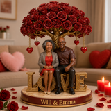 Custom Senior Black Couple Figurine Statue, Engraved Anniversary Gift, Personalized Red Rose Tree Sculpture Romantic Home Decor
