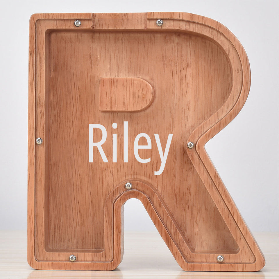 Custom Initial And Name - Personalized Letter And Name Oak Wooden Piggy Bank