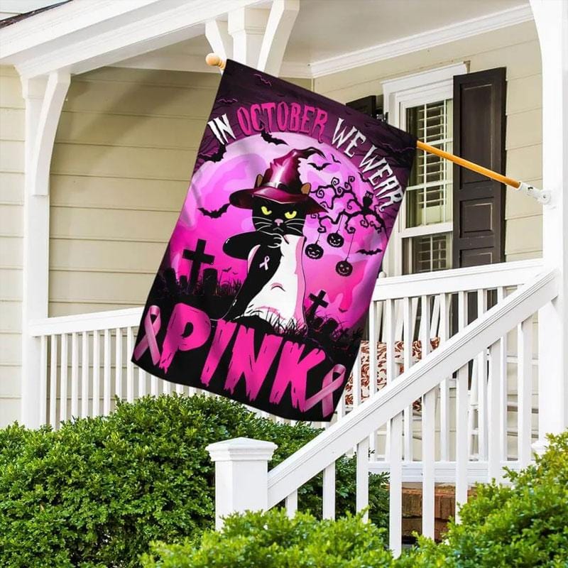 En octobre, nous portons du rose : ruban rose pour Halloween et chat – Drapeau de sensibilisation au cancer du sein 0822