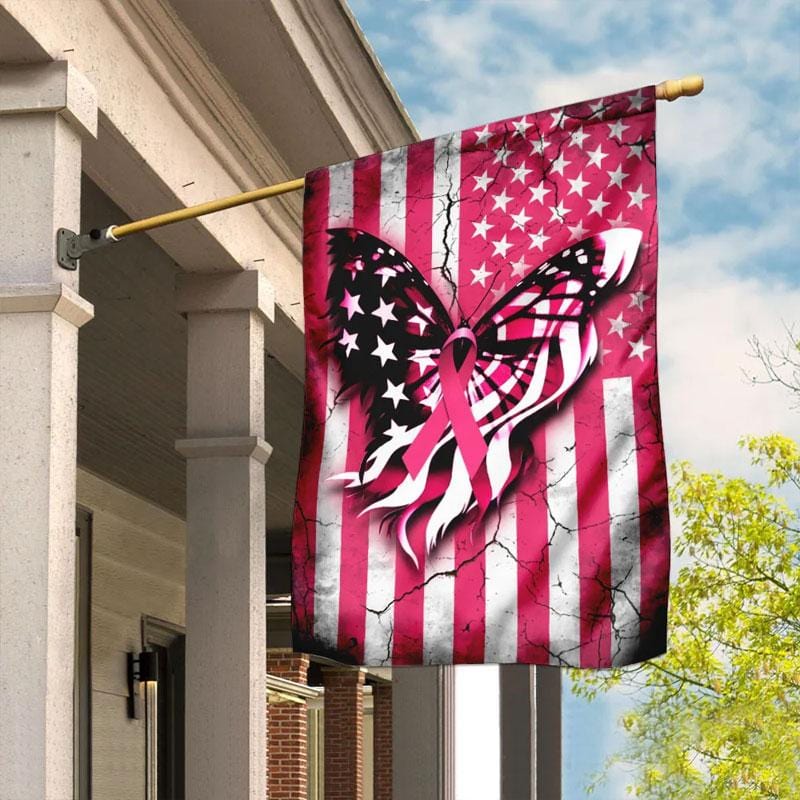 Drapeau américain à ruban rose et papillon - Drapeau de sensibilisation au cancer du sein 0822
