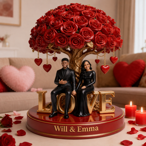 Custom Black Couple Figurine Under Red Rose Tree, Engraved Name Statue, Romantic Anniversary & Wedding Gift Home Decor Keepsake