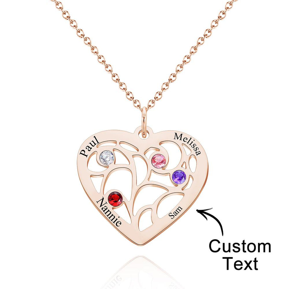 Our Family - Personalized Family Name Heart Pendant Necklace with Birthstone