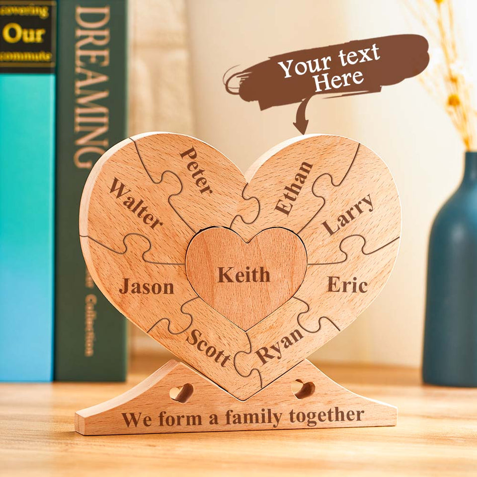 Engraved Wooden Name - Personalized Family Name Heart Puzzle Plaque