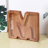 Custom Initial And Name - Personalized Letter And Name Brown Wooden Piggy Bank