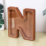 Custom Initial And Name - Personalized Letter And Name Brown Wooden Piggy Bank