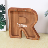 Custom Initial And Name - Personalized Letter And Name Brown Wooden Piggy Bank