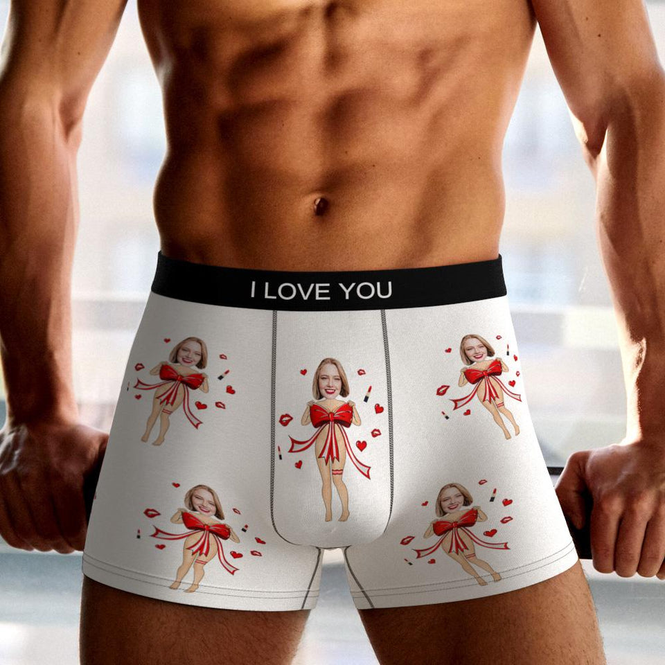 Custom Photo Boxer Red Bow AR View - Personalized Couple Men's boxer briefs