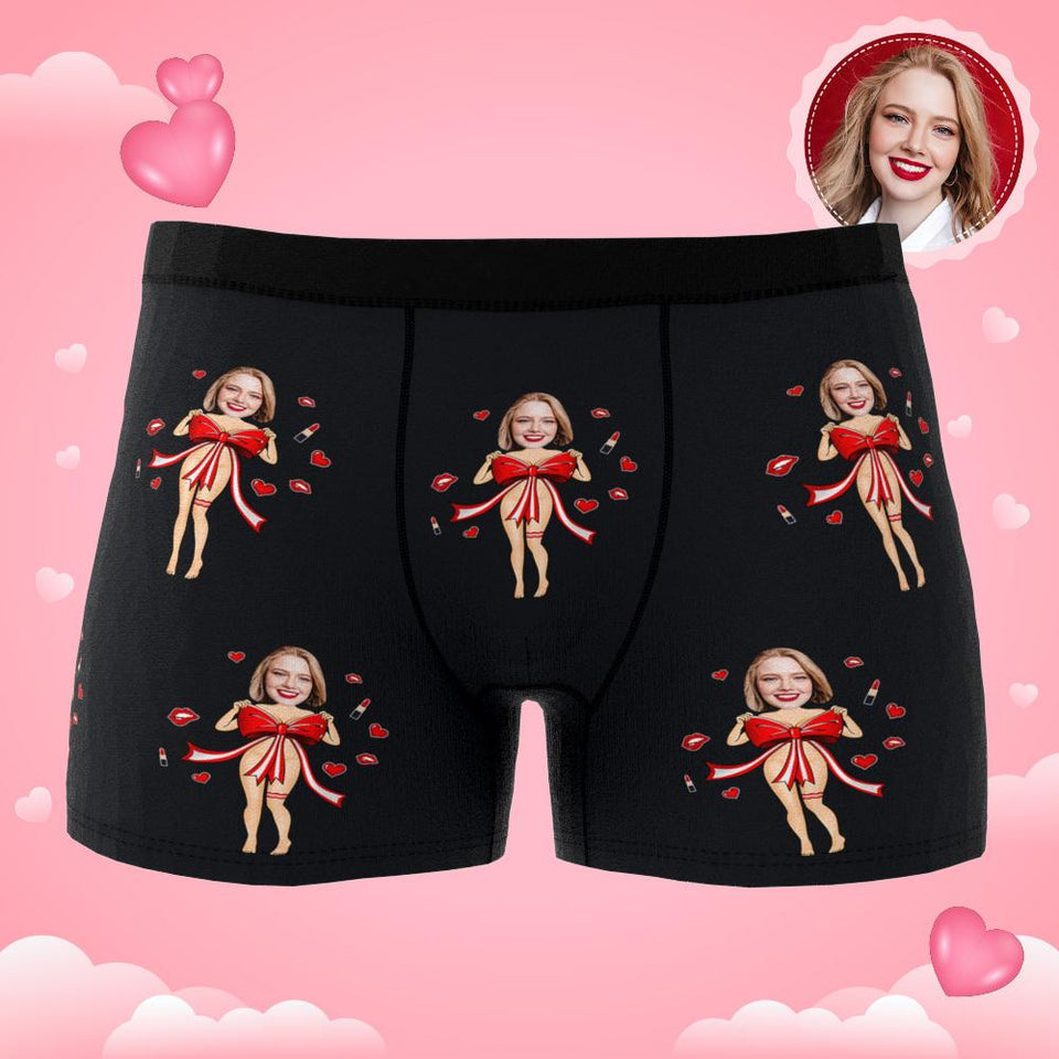 Custom Photo Boxer Red Bow AR View - Personalized Couple Men's boxer briefs