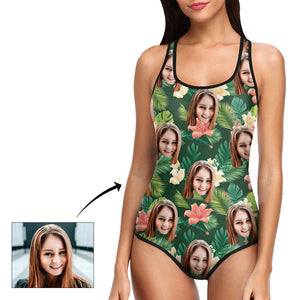 Custom Face Swimsuit Tropical Style - Personalized Couple One Piece Swimwear