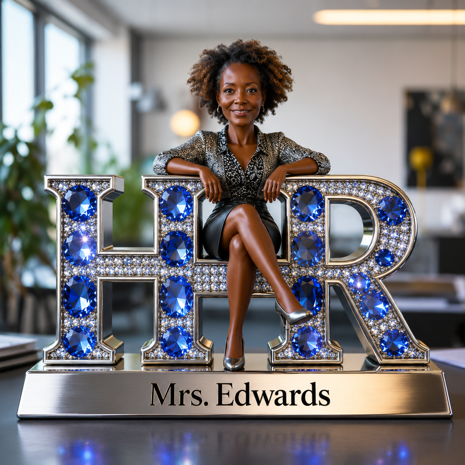 Custom Older Black Female HR Desk Nameplate - Personalized Human Resources Figurine, Office Decor Acrylic Plaque, Retirement Gift