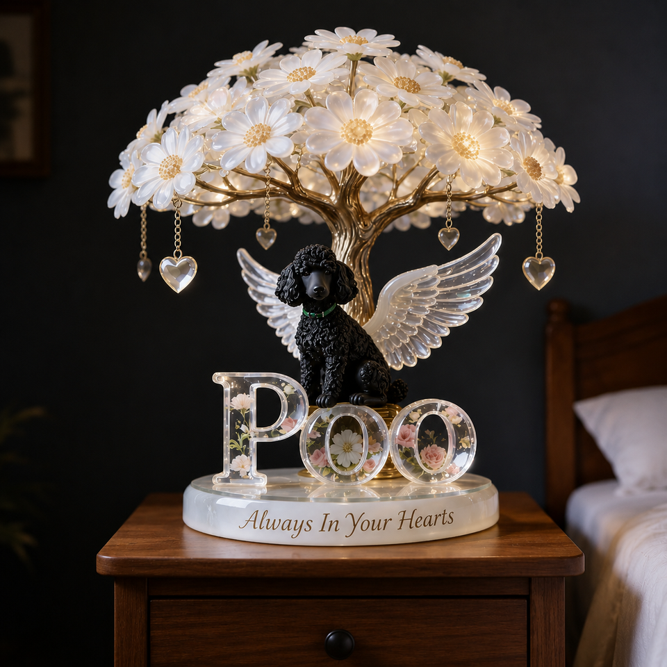 Custom Always In Our Hearts Angel Wings Figurine, Personalized Standard Poodle Cross Memorial Tree Lamp Statue, Dog Loss Sympathy Night Light