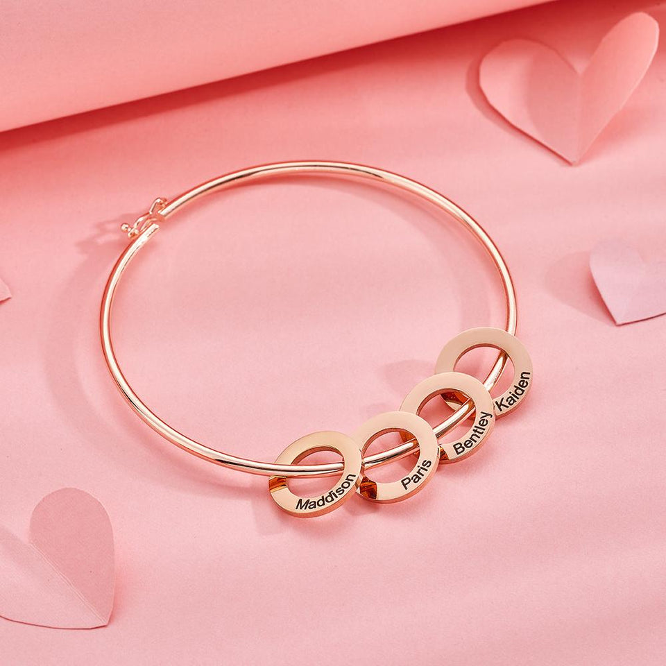 Any Name - Personalized Family Bangle Bracelet with Heart/Round Pendants