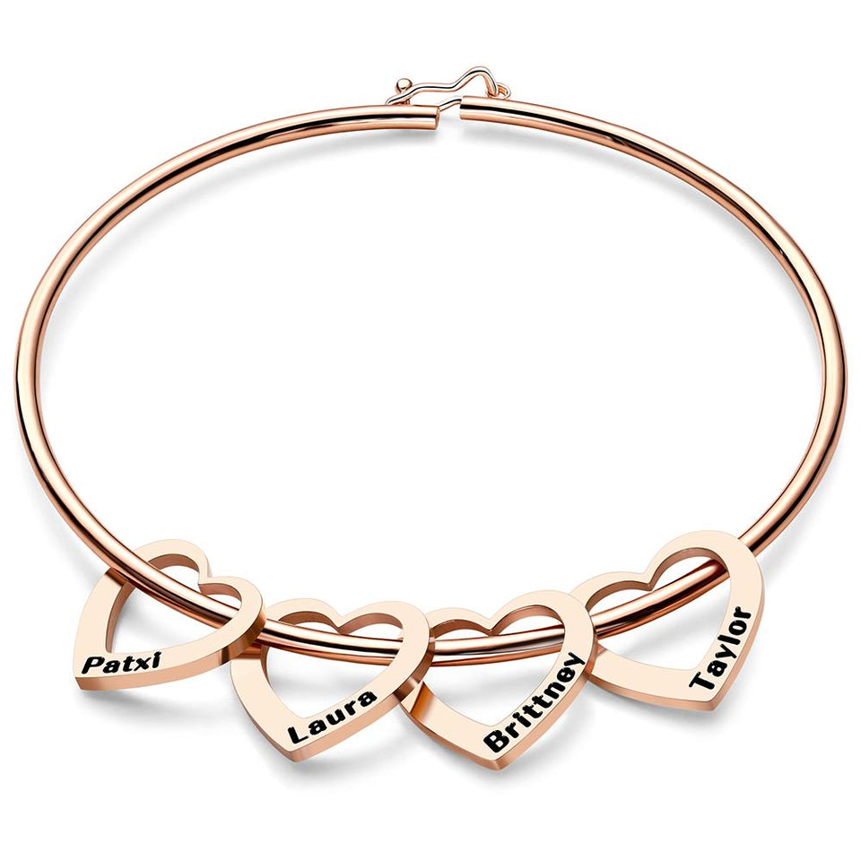 Any Name - Personalized Family Bangle Bracelet with Heart/Round Pendants
