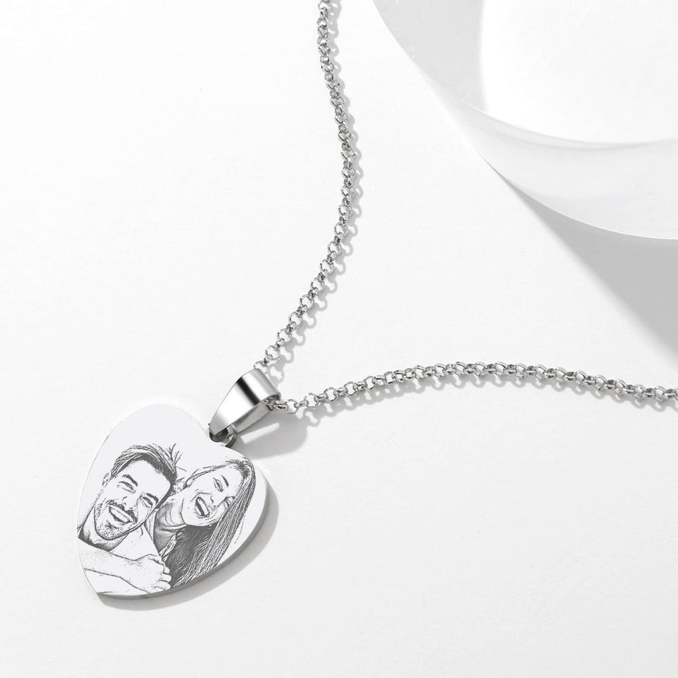Personalized Women's Heart Photo Engraved Tag Necklace