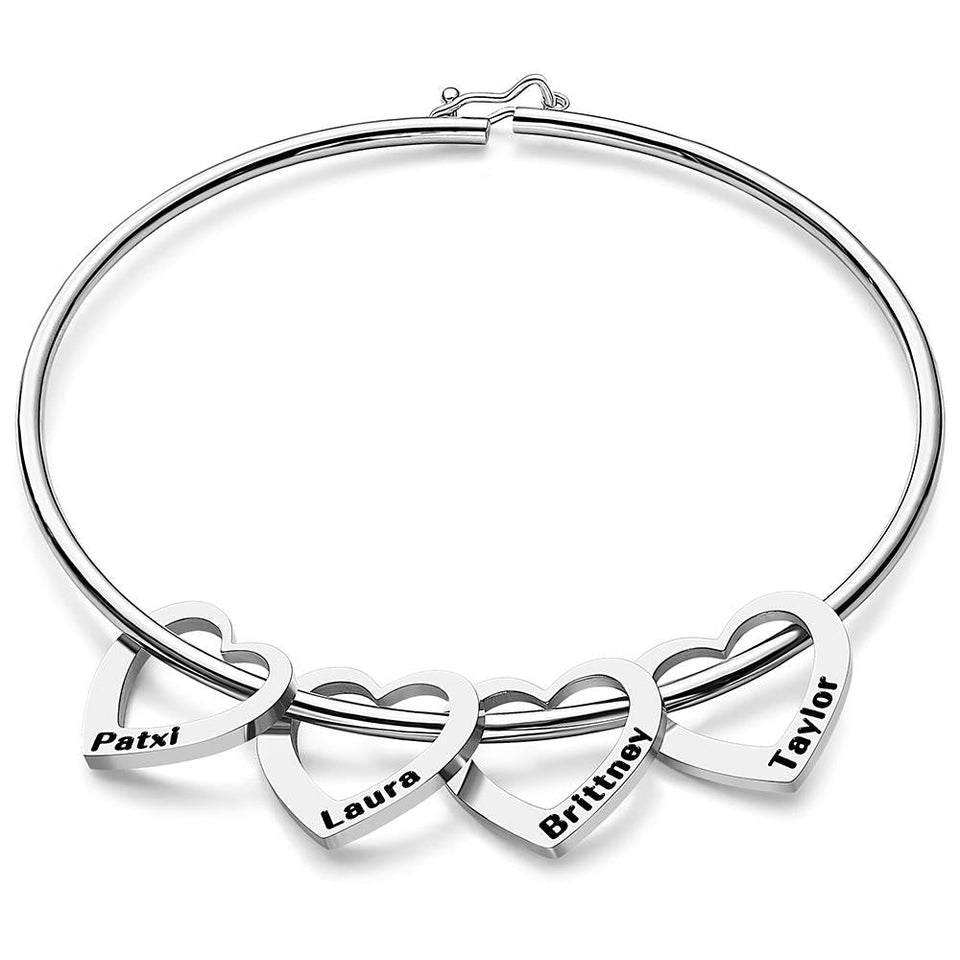 Any Name - Personalized Family Bangle Bracelet with Heart/Round Pendants
