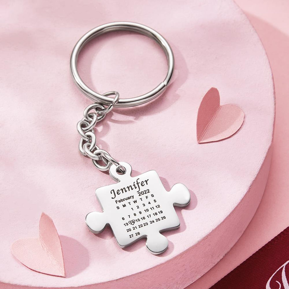 Matching Puzzle Calendar For Couple, Besties, Mom, Dad, Children - Personalized Couple Puzzle Calendar Keychain