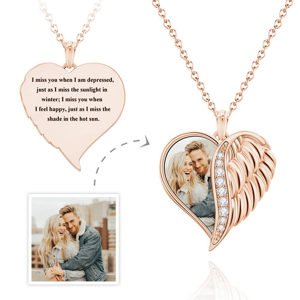 Personalized Photo Engraved Wings Heart Charm