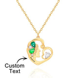 Birthstone Engraved Heart Charm - Personalized Mother Birthstone Women Necklace