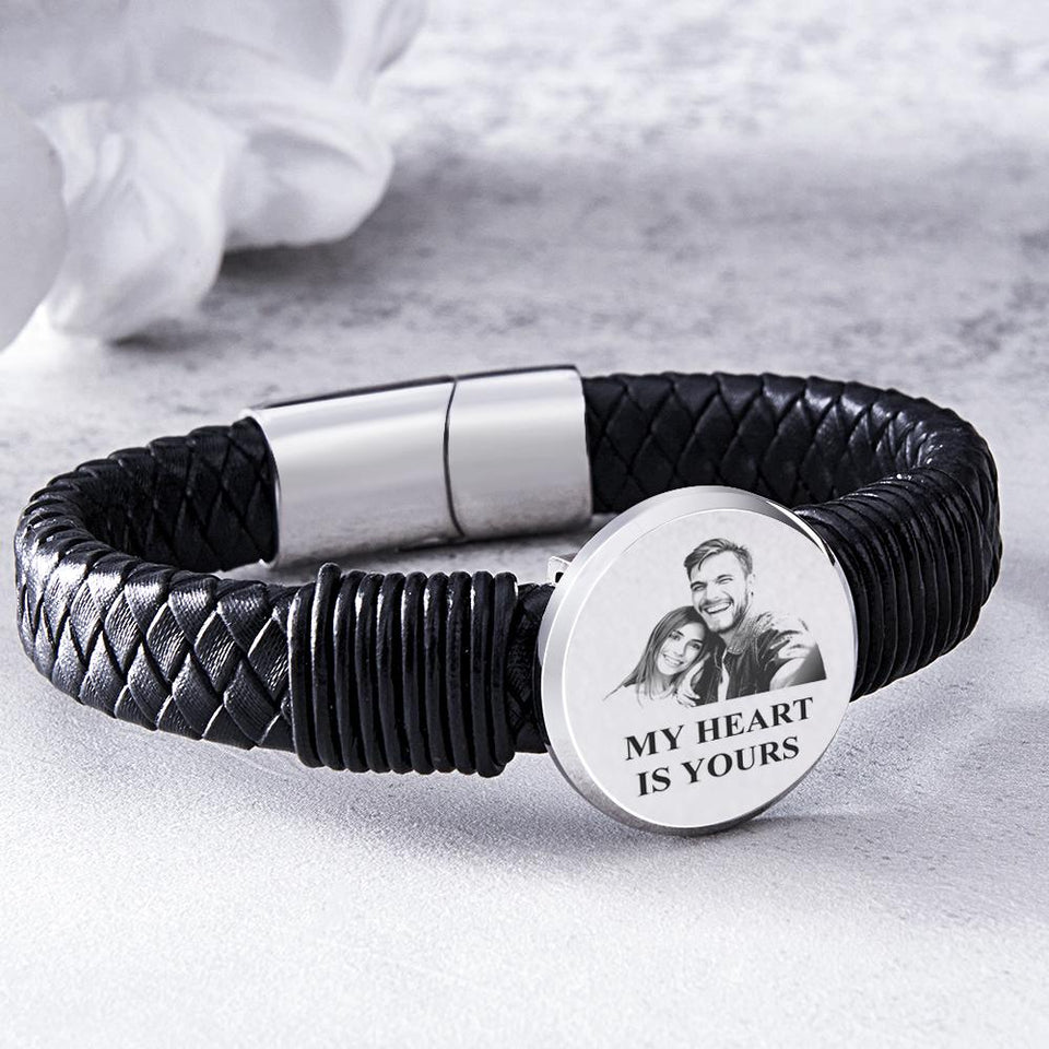 Any Photo - Personalized Couple Photo Leather Wide Bracelet