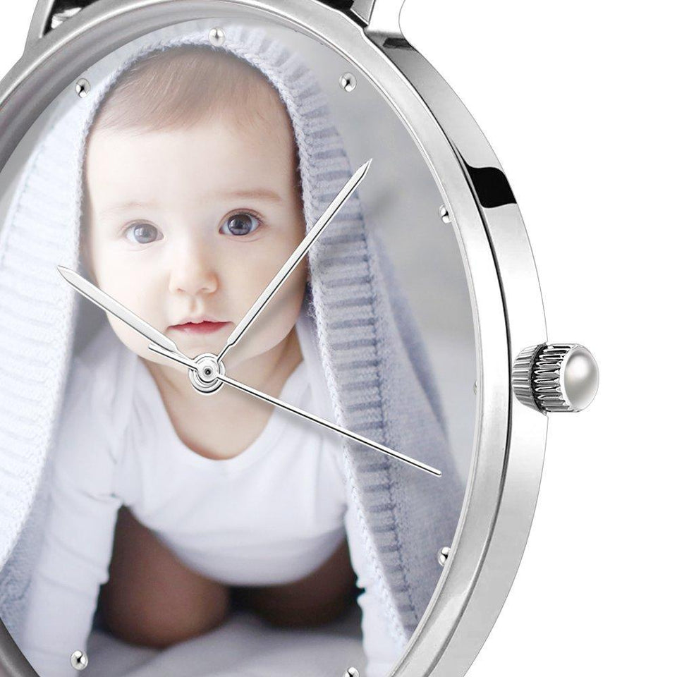 Unisex Engraved Photo Watch Brown Leather Strap - Personalized Watch